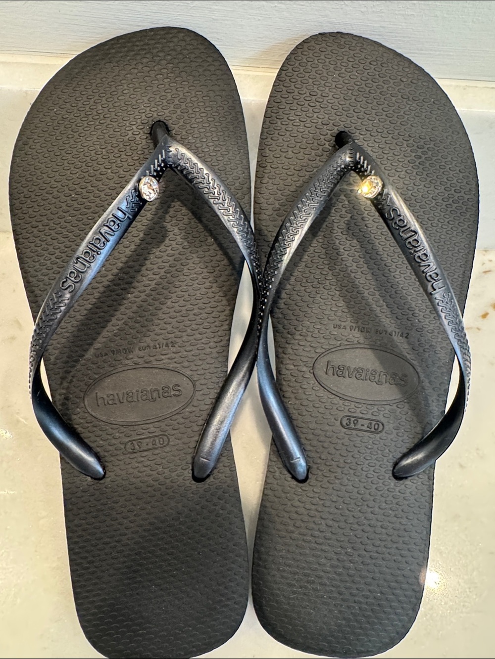 Havaianas Women's Black Flip Flops with Clear Rhinestone Accent